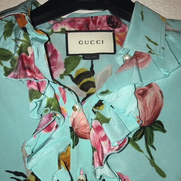 Gucci Couture Ruffle Turquoise Floral Blouse - Picture 3 of 8